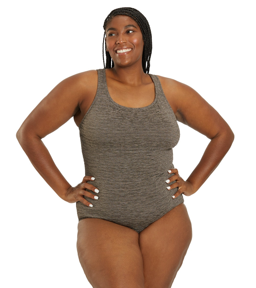 Penbrooke Krinkle Women's Plus Size Chlorine Resistant Long Torso One Piece Swimsuit