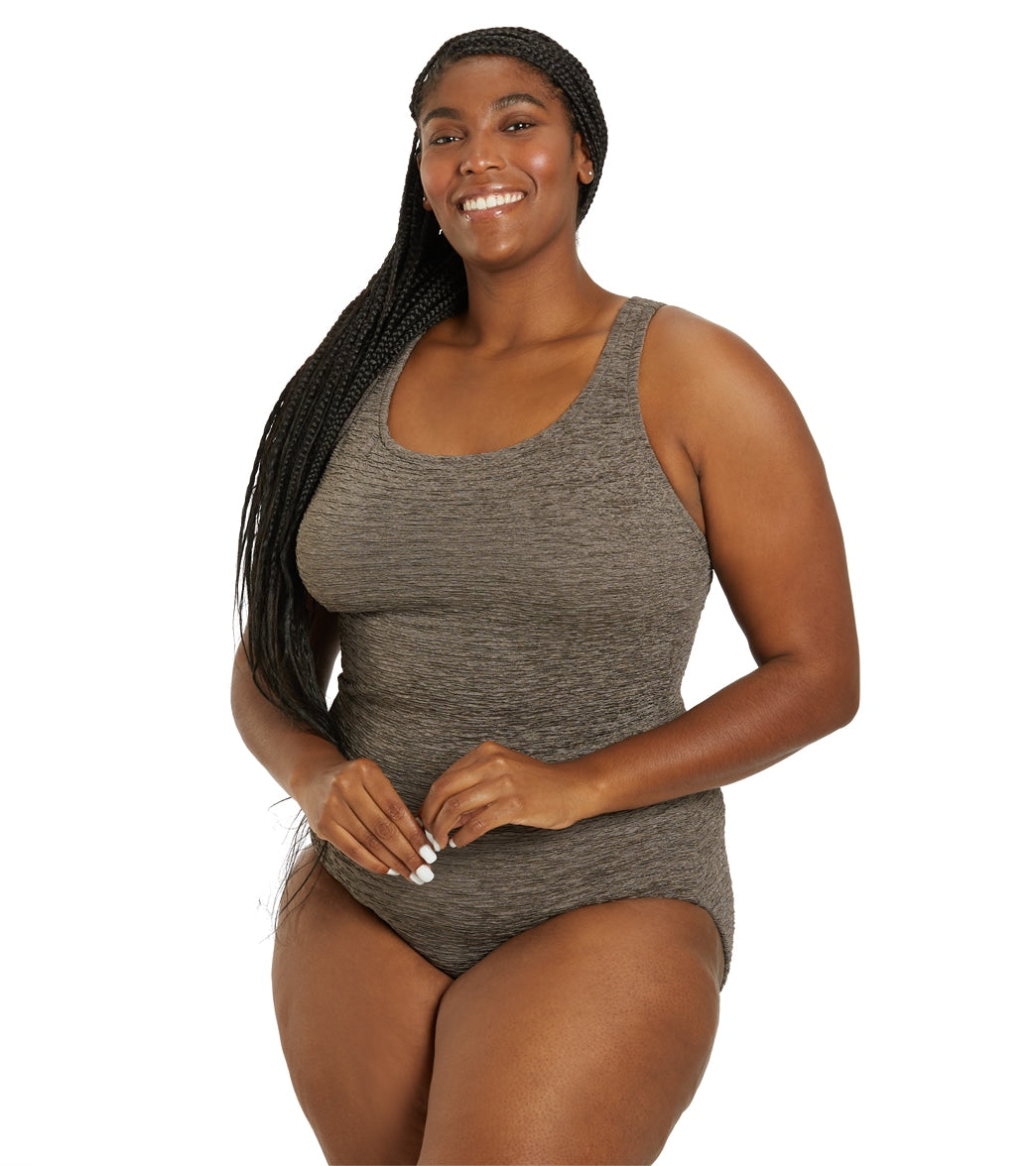 Penbrooke Krinkle Women's Plus Size Chlorine Resistant Long Torso One Piece Swimsuit