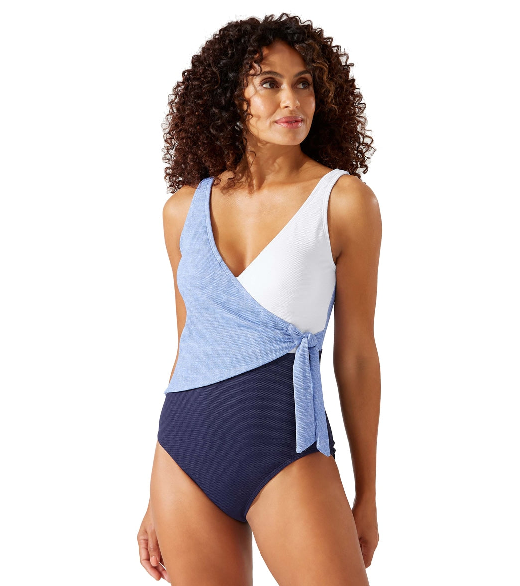 Tommy Bahama Women's Island Cays Colorblock Wrap Front One Piece Swimsuit