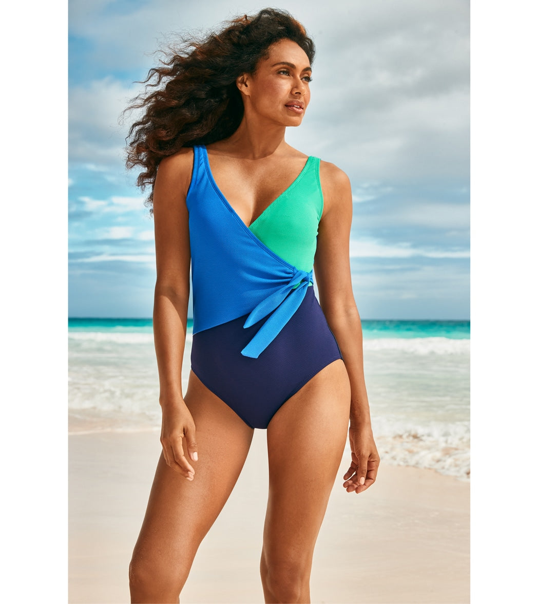 Tommy Bahama Women's Island Cays Colorblock Wrap Front One Piece Swimsuit