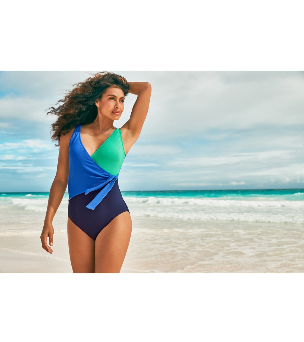 Tommy Bahama Women's Island Cays Colorblock Wrap Front One Piece Swimsuit