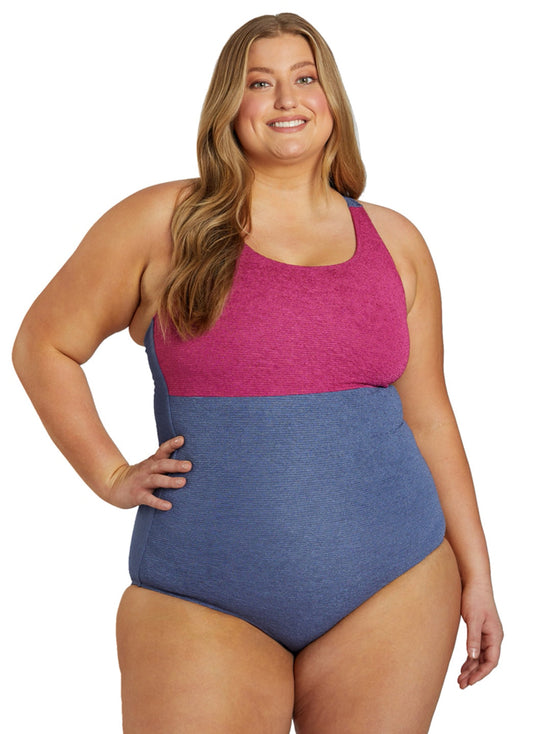 Sporti Plus Size Textured Chlorine Resistant High Neck Colorblock One Piece Slimsuit