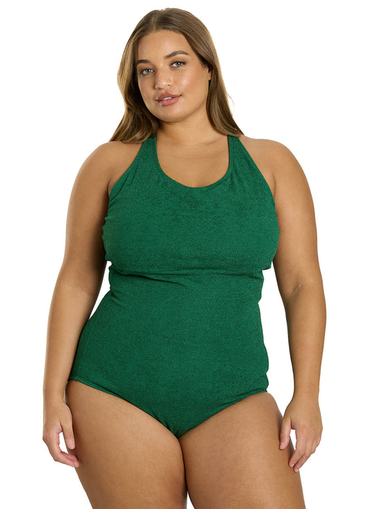 Sporti Plus Size Textured Chlorine Resistant High Neck One Piece Slimsuit