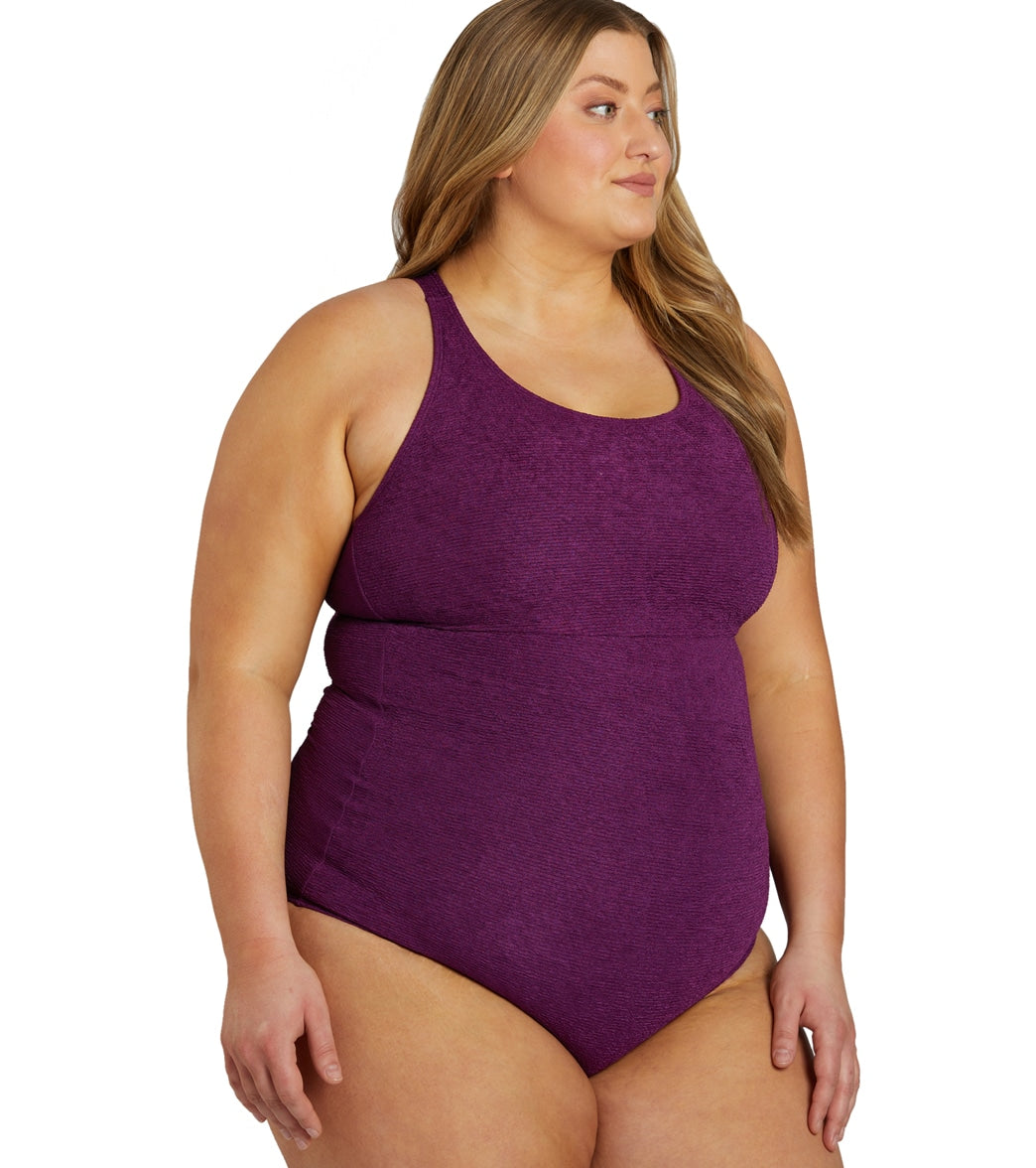 Sporti Plus Size Textured Chlorine Resistant High Neck One Piece Slimsuit