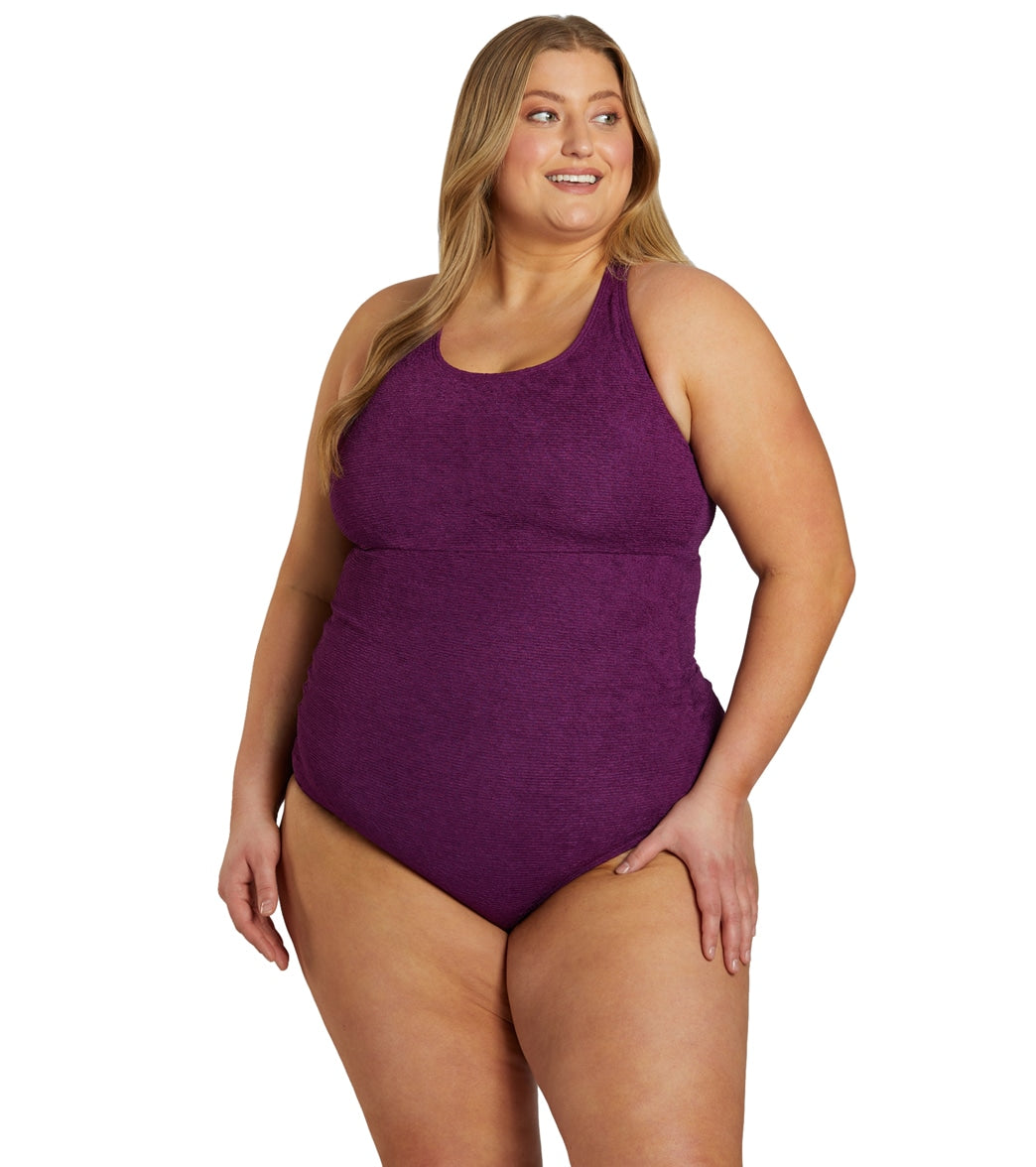 Sporti Plus Size Textured Chlorine Resistant High Neck One Piece Slimsuit