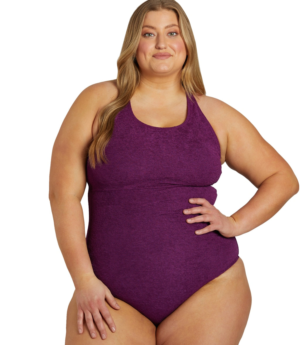 Sporti Plus Size Textured Chlorine Resistant High Neck One Piece Slimsuit