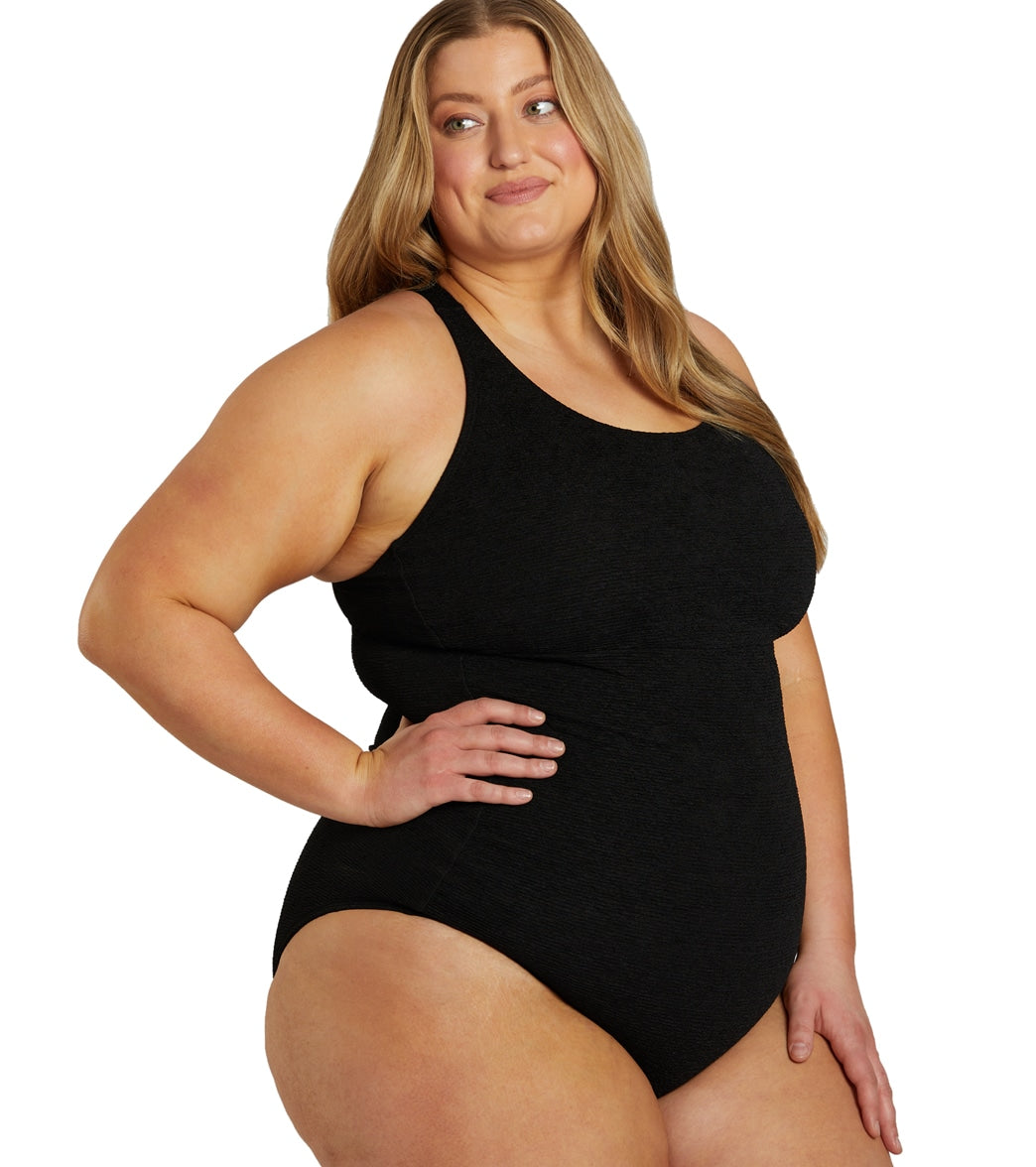 Sporti Plus Size Textured Chlorine Resistant High Neck One Piece Slimsuit