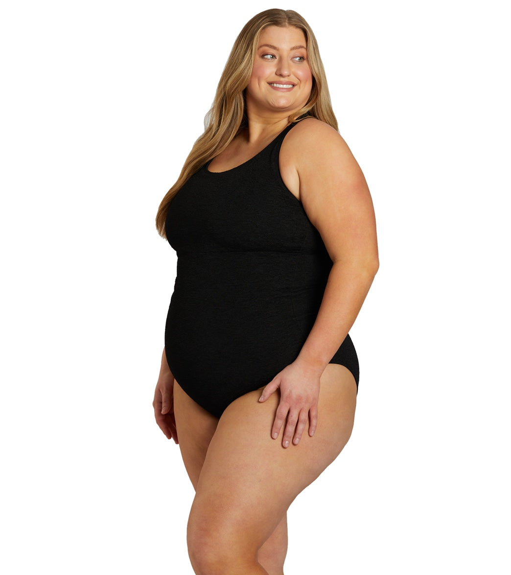 Sporti Plus Size Textured Chlorine Resistant High Neck One Piece Slimsuit