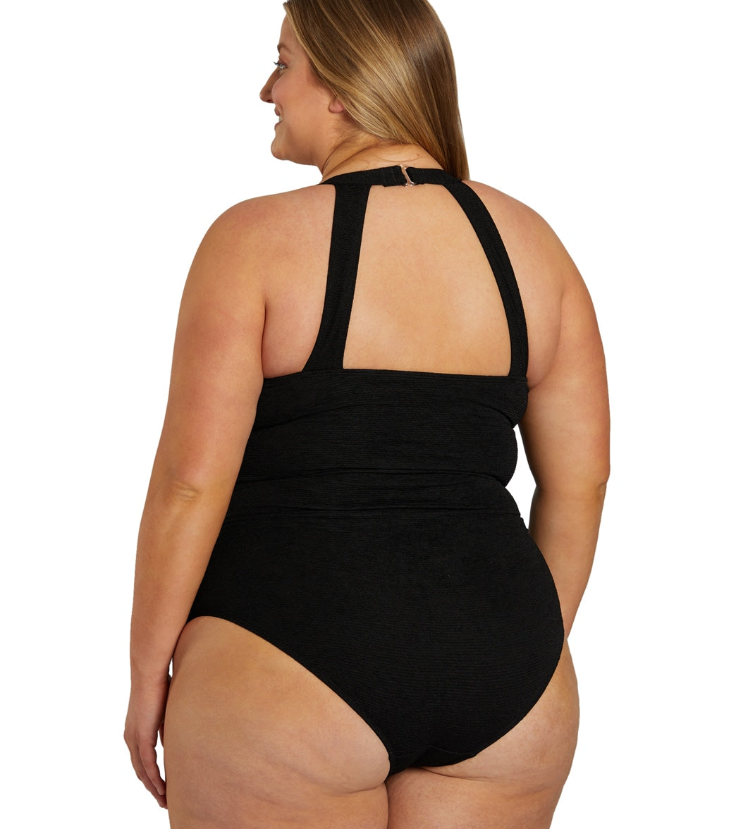 Sporti Plus Size Textured Chlorine Resistant High Neck One Piece Slimsuit