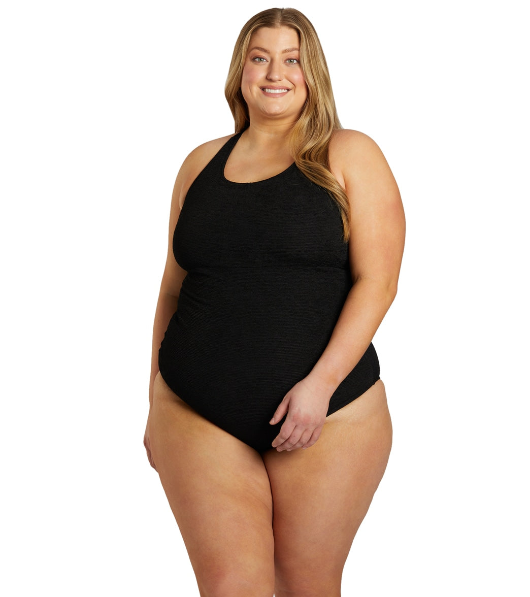 Sporti Plus Size Textured Chlorine Resistant High Neck One Piece Slimsuit