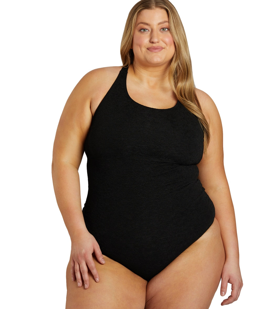 Sporti Plus Size Textured Chlorine Resistant High Neck One Piece Slimsuit