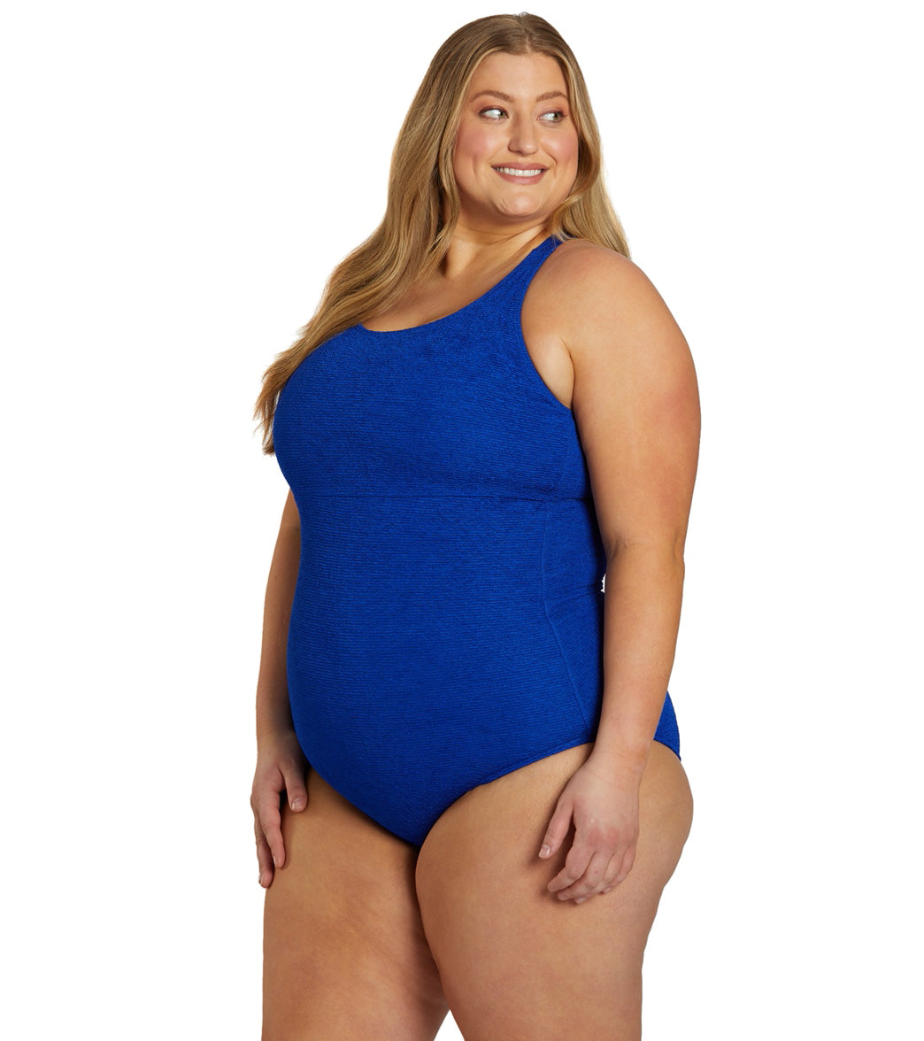 Sporti Plus Size Textured Chlorine Resistant High Neck One Piece Slimsuit