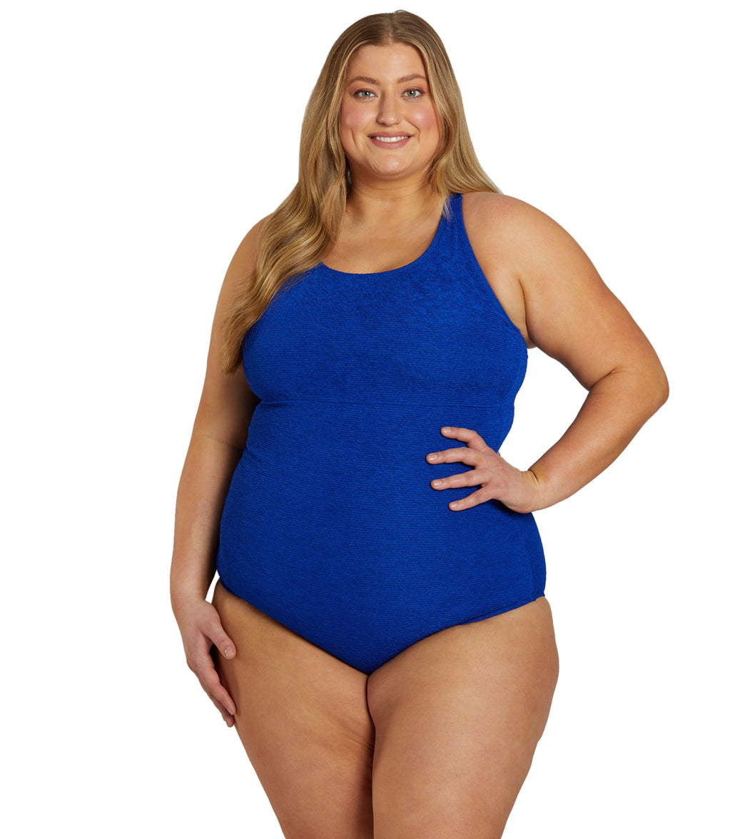 Sporti Plus Size Textured Chlorine Resistant High Neck One Piece Slimsuit
