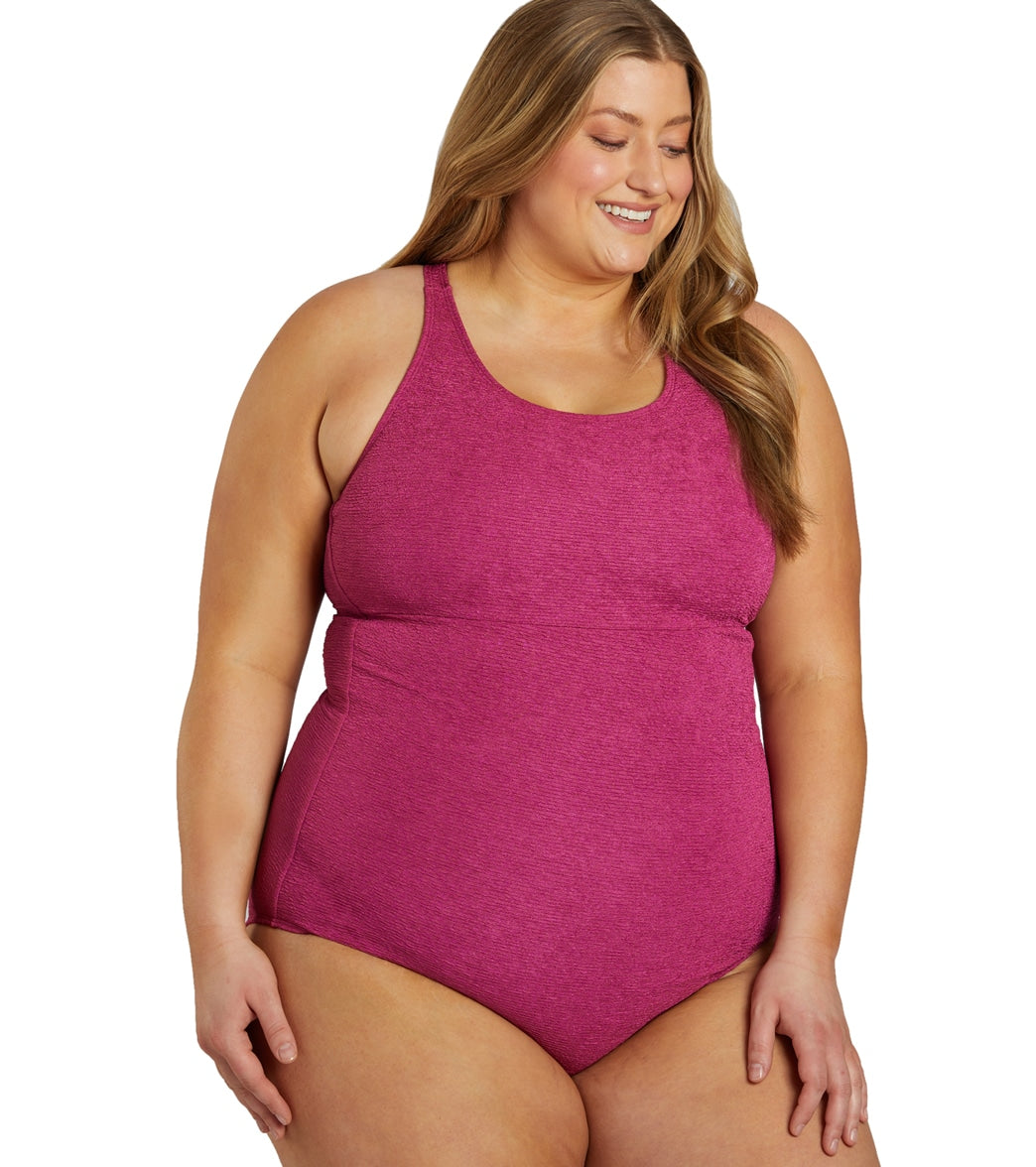 Sporti Plus Size Textured Chlorine Resistant High Neck One Piece Slimsuit
