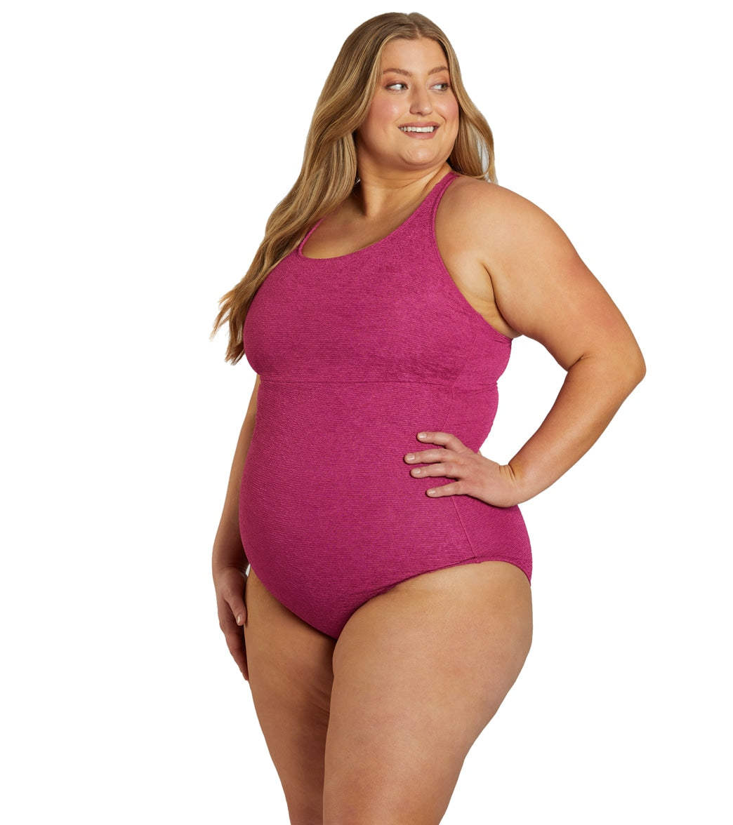 Sporti Plus Size Textured Chlorine Resistant High Neck One Piece Slimsuit