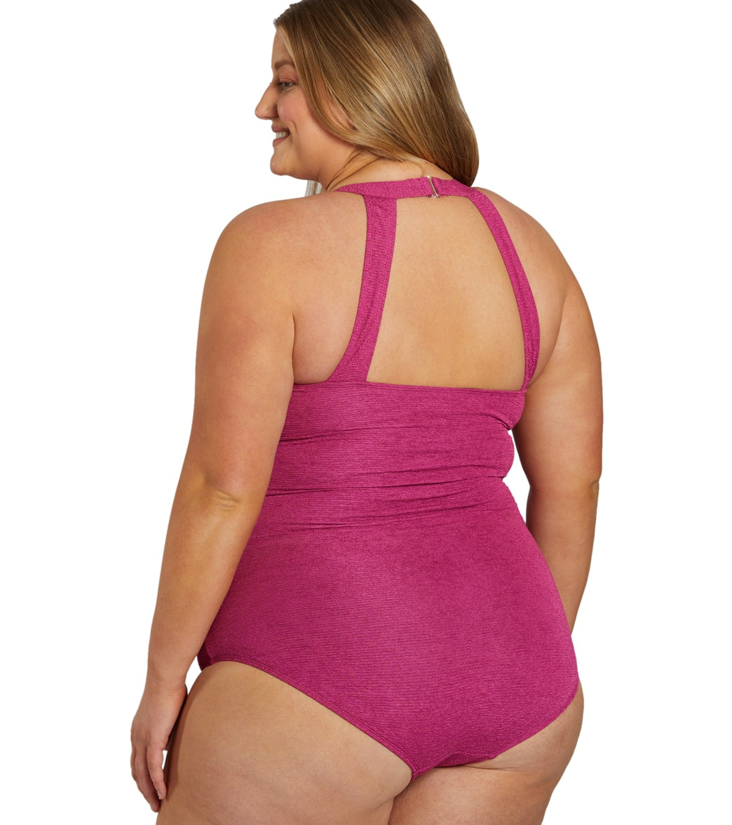 Sporti Plus Size Textured Chlorine Resistant High Neck One Piece Slimsuit