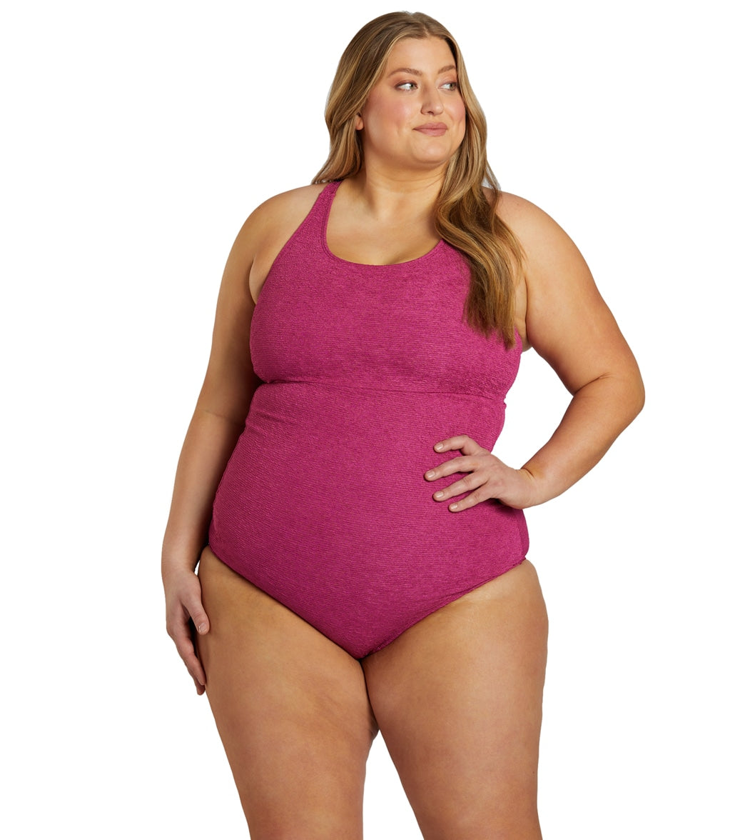 Sporti Plus Size Textured Chlorine Resistant High Neck One Piece Slimsuit