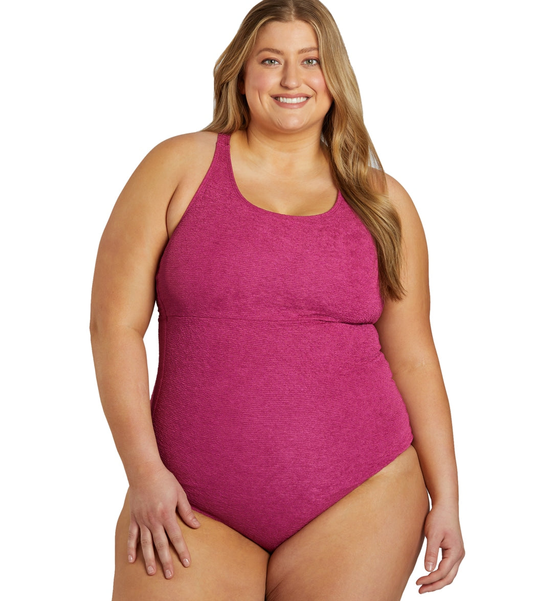 Sporti Plus Size Textured Chlorine Resistant High Neck One Piece Slimsuit