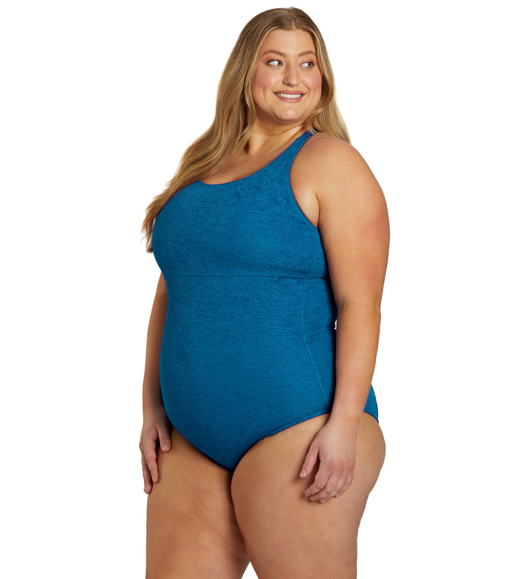 Sporti Plus Size Textured Chlorine Resistant High Neck One Piece Slimsuit