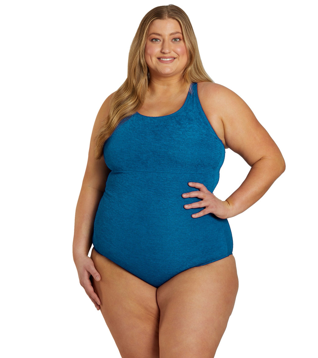 Sporti Plus Size Textured Chlorine Resistant High Neck One Piece Slimsuit