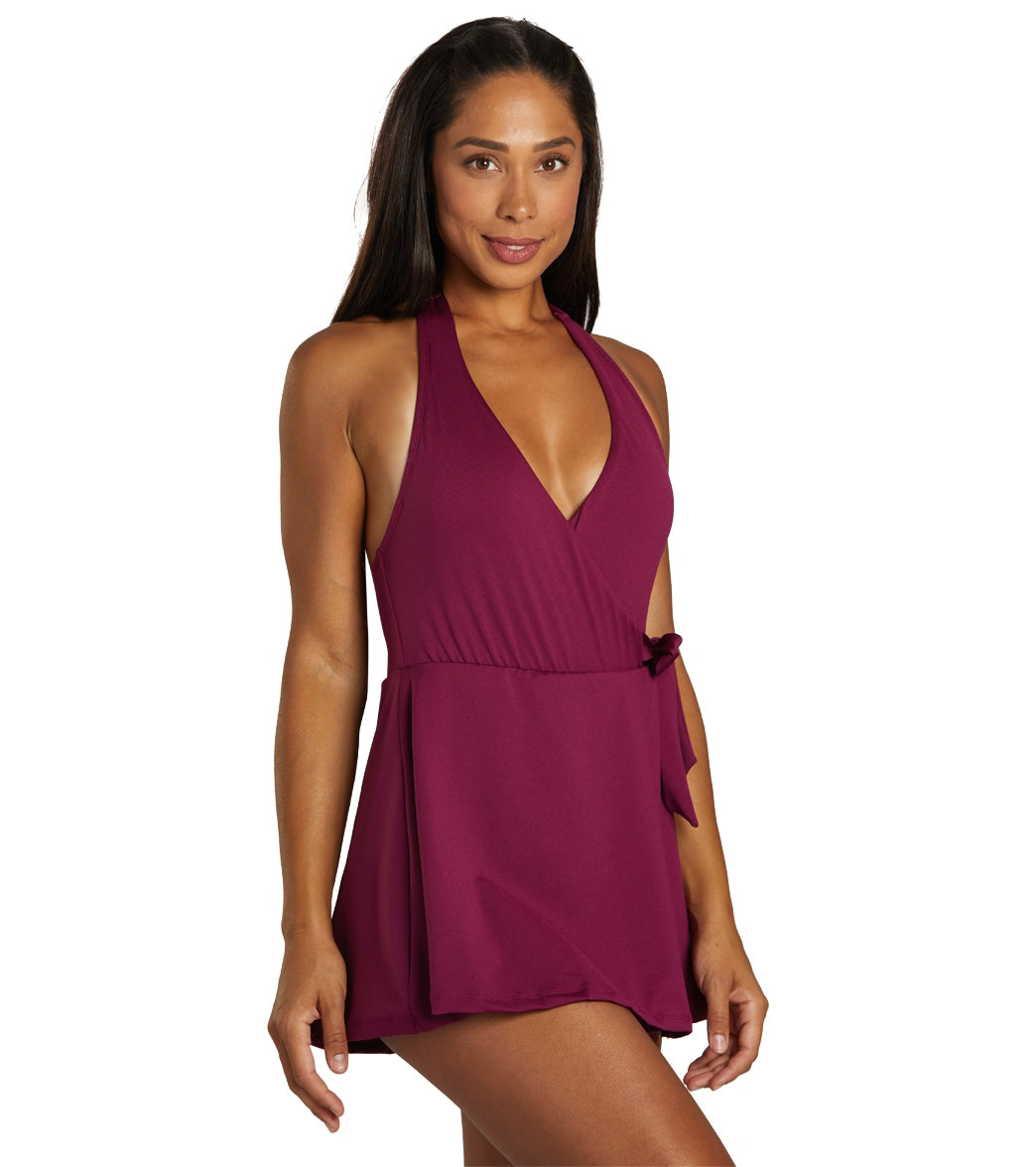 Dolfin Women's Aquashape Solid Wrap Halter Swim Dress