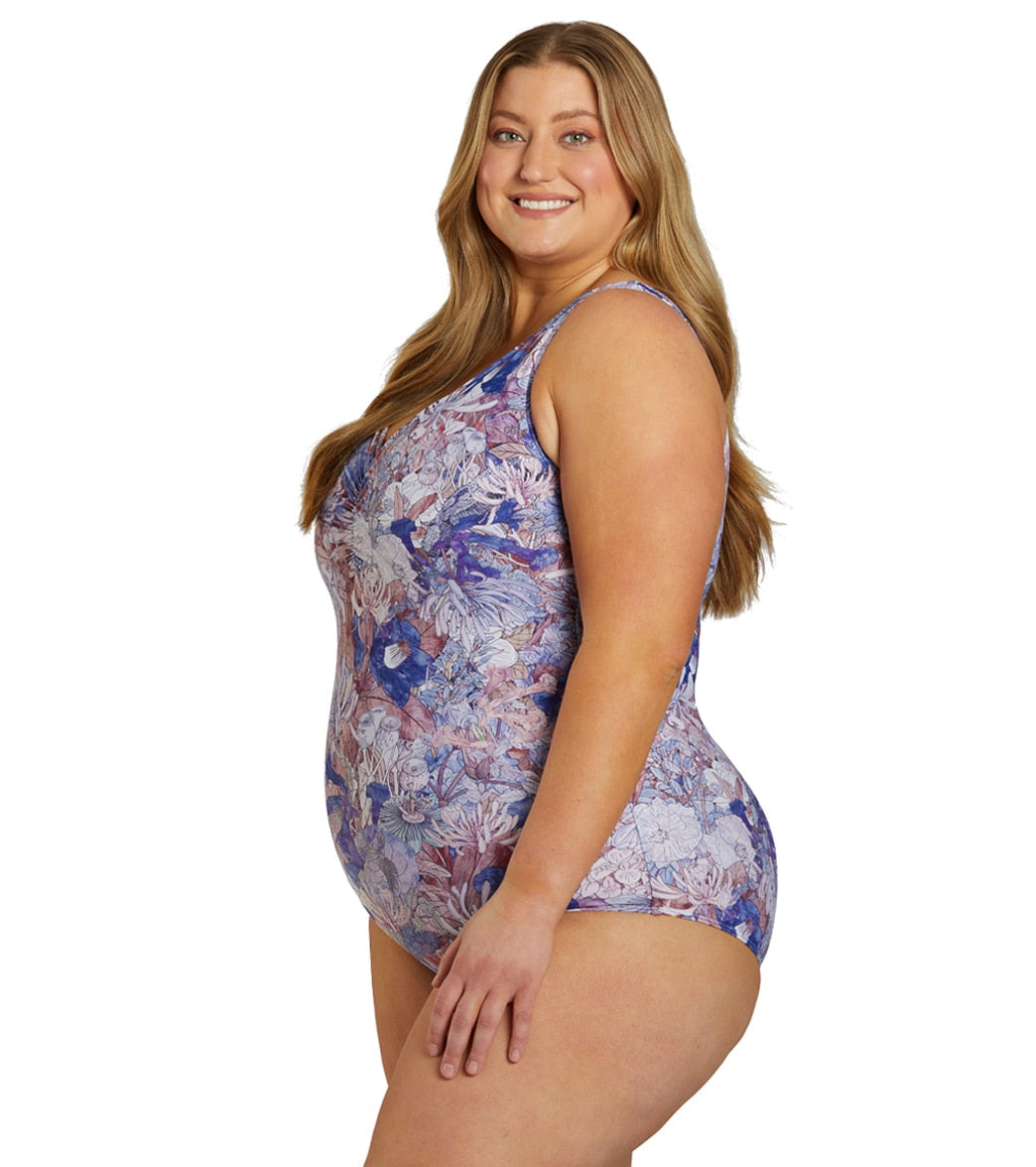 Sporti Plus Size Jungle Floral Conservative Printed Girl Leg One Piece Swimsuit
