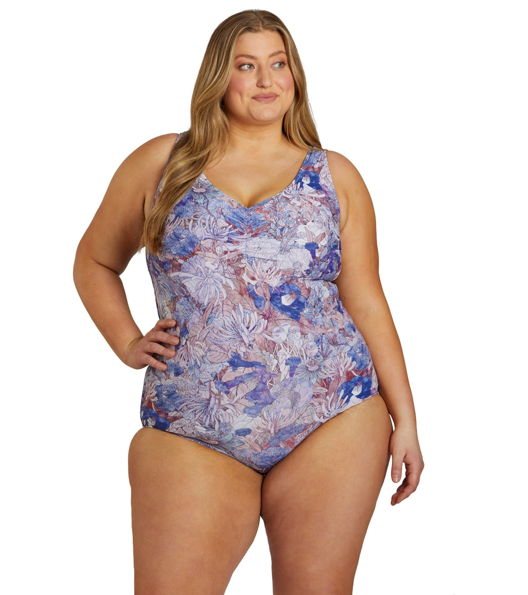 Sporti Plus Size Jungle Floral Conservative Printed Girl Leg One Piece Swimsuit