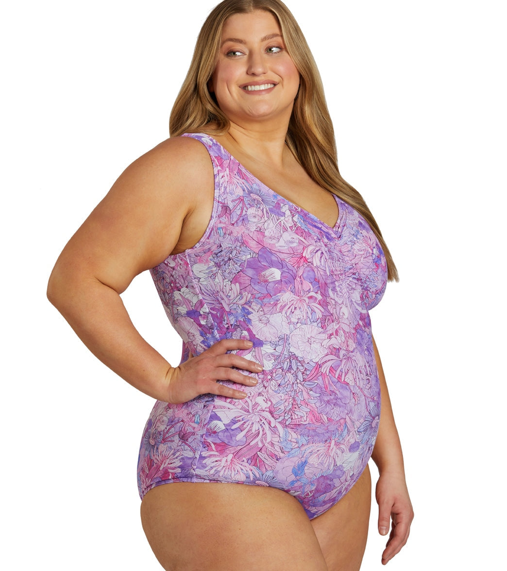 Sporti Plus Size Jungle Floral Conservative Printed Girl Leg One Piece Swimsuit