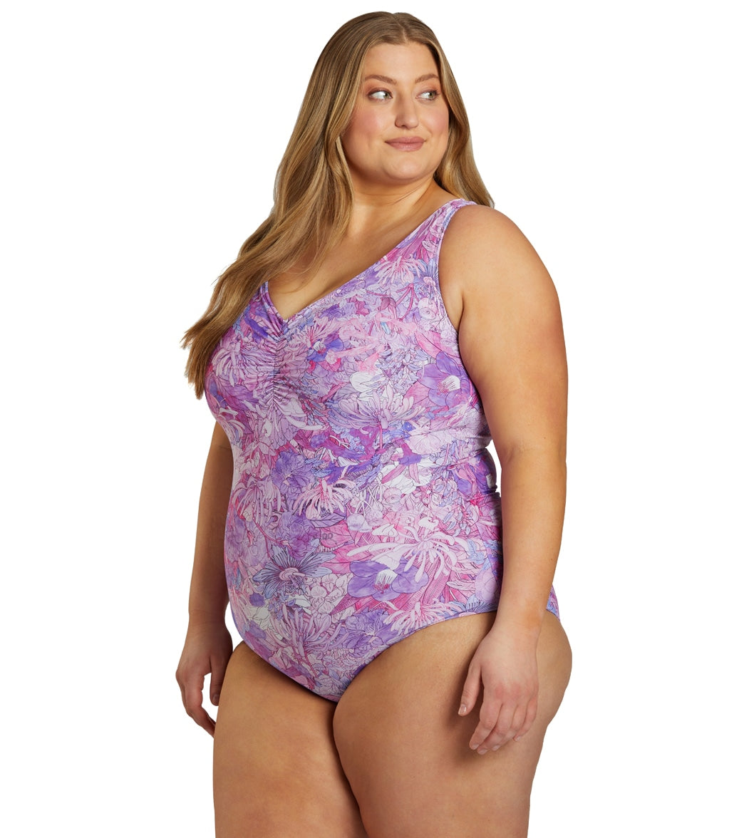 Sporti Plus Size Jungle Floral Conservative Printed Girl Leg One Piece Swimsuit