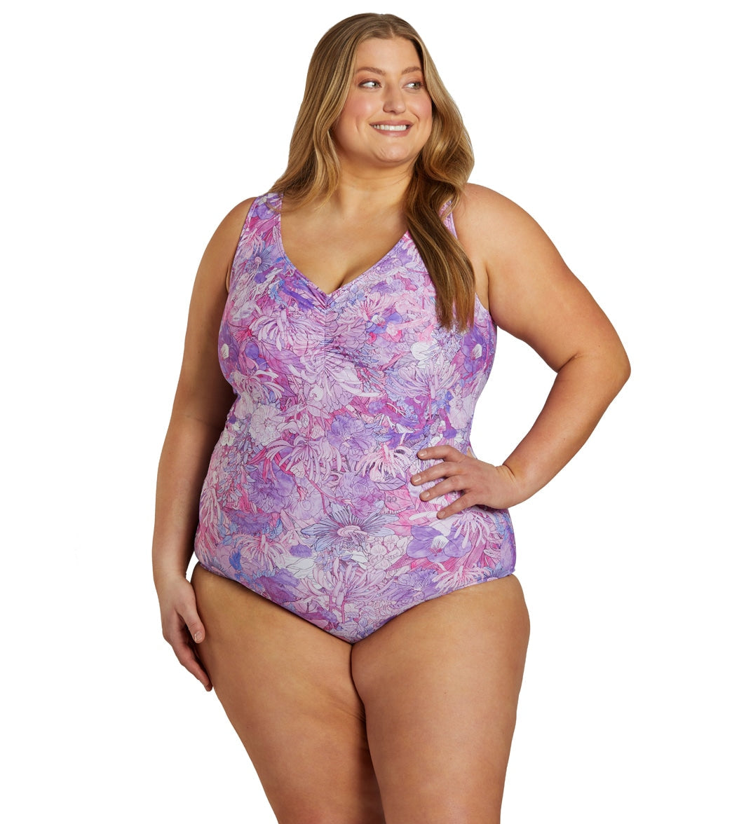 Sporti Plus Size Jungle Floral Conservative Printed Girl Leg One Piece Swimsuit