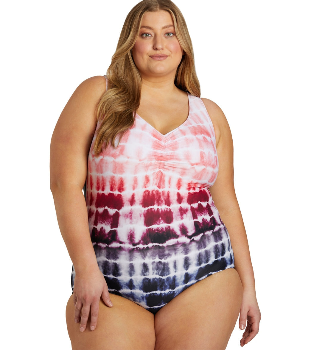Sporti Plus Size Shibori Conservative Printed Ombre Girl Leg One Piece Swimsuit