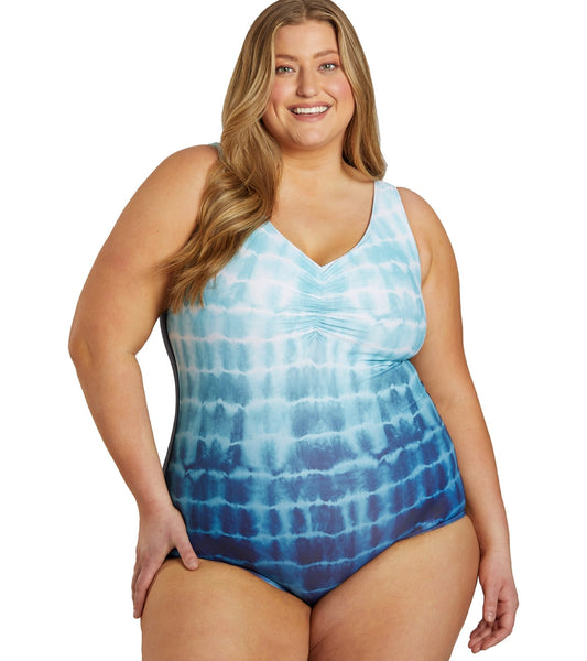 Sporti Plus Size Shibori Conservative Printed Ombre Girl Leg One Piece Swimsuit