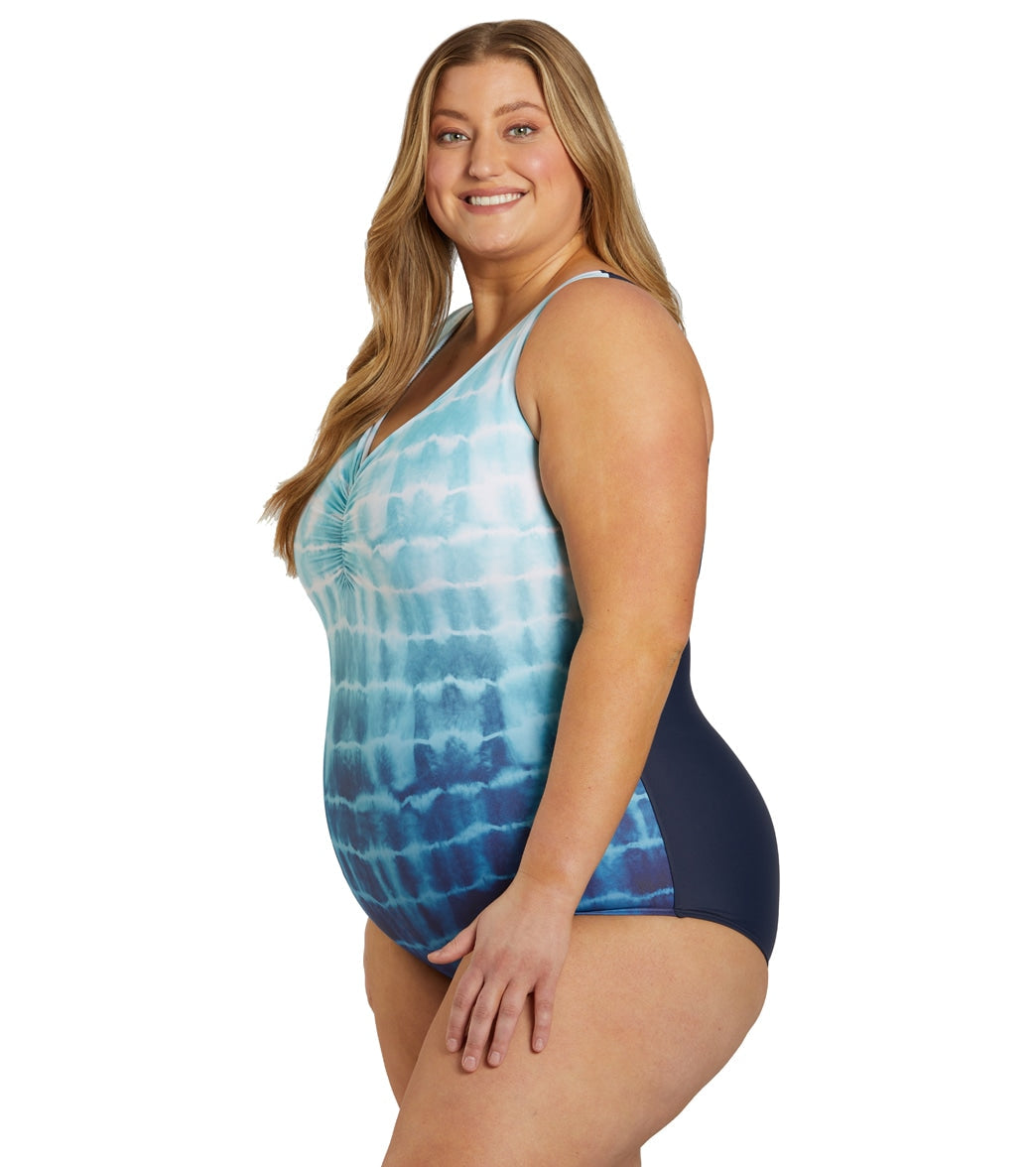 Sporti Plus Size Shibori Conservative Printed Ombre Girl Leg One Piece Swimsuit