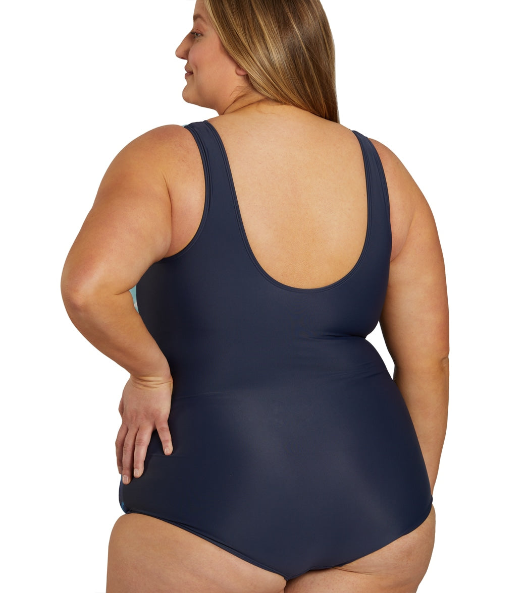 Sporti Plus Size Shibori Conservative Printed Ombre Girl Leg One Piece Swimsuit