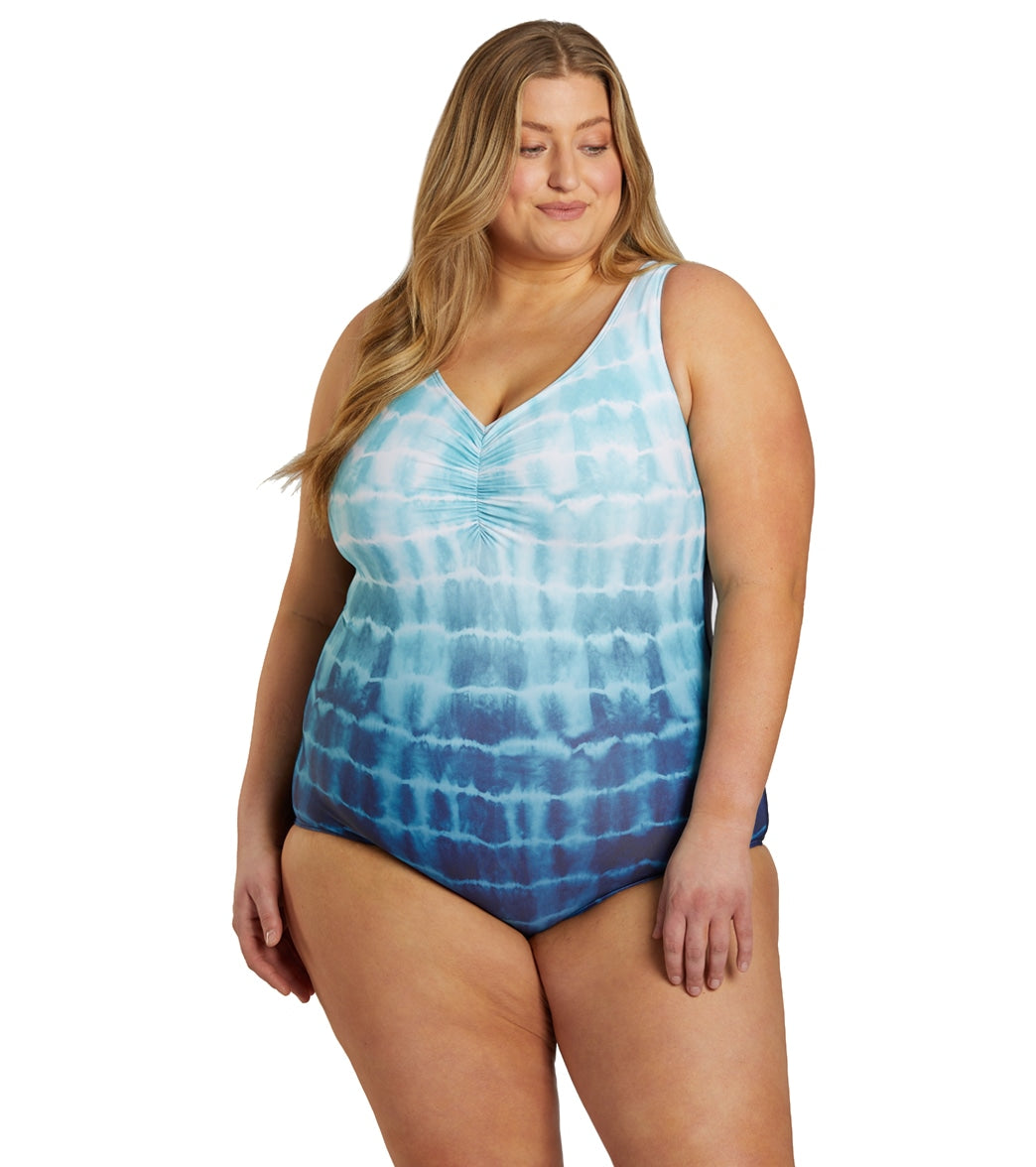 Sporti Plus Size Shibori Conservative Printed Ombre Girl Leg One Piece Swimsuit