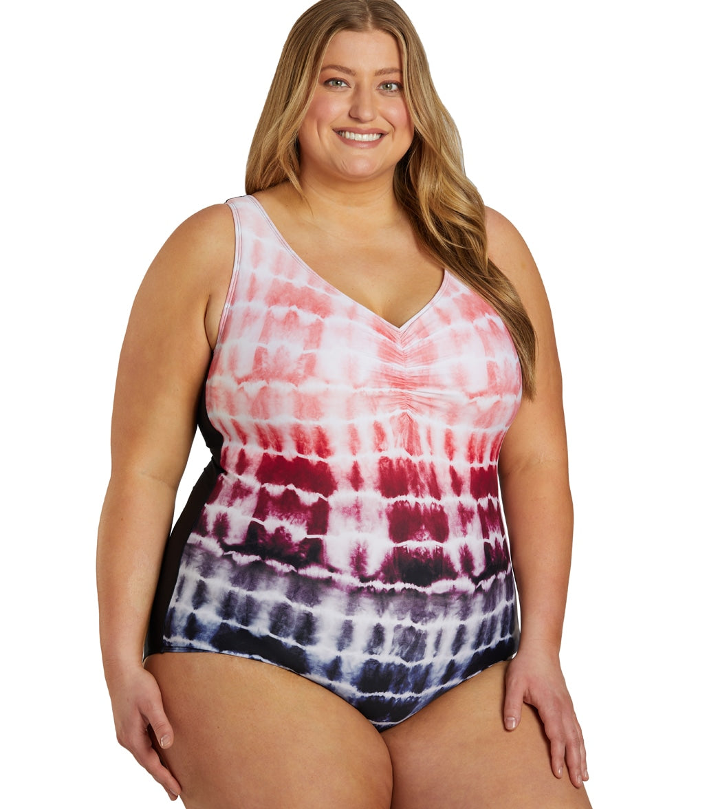 Sporti Plus Size Shibori Conservative Printed Ombre Girl Leg One Piece Swimsuit