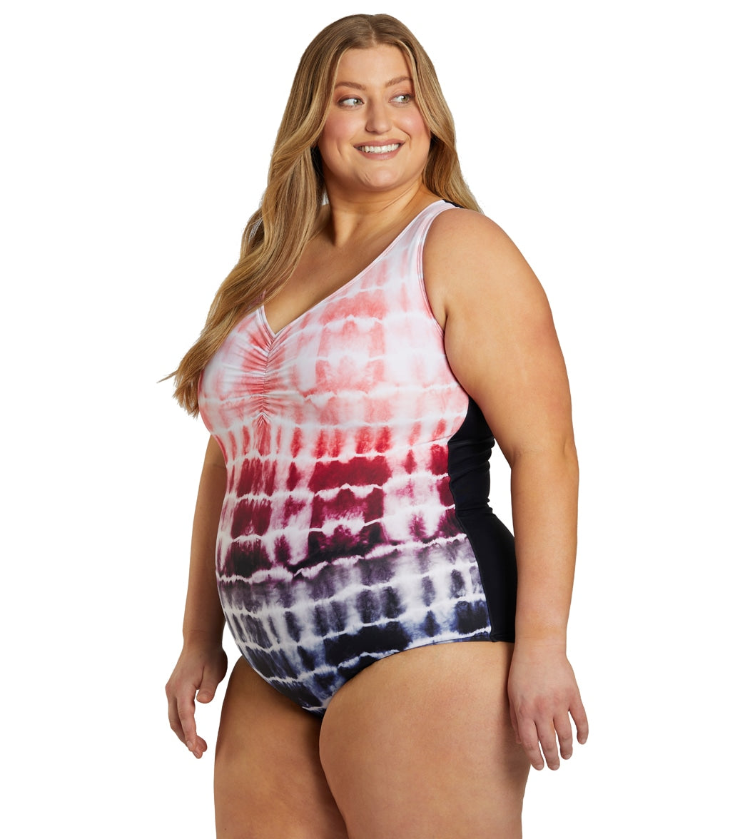 Sporti Plus Size Shibori Conservative Printed Ombre Girl Leg One Piece Swimsuit