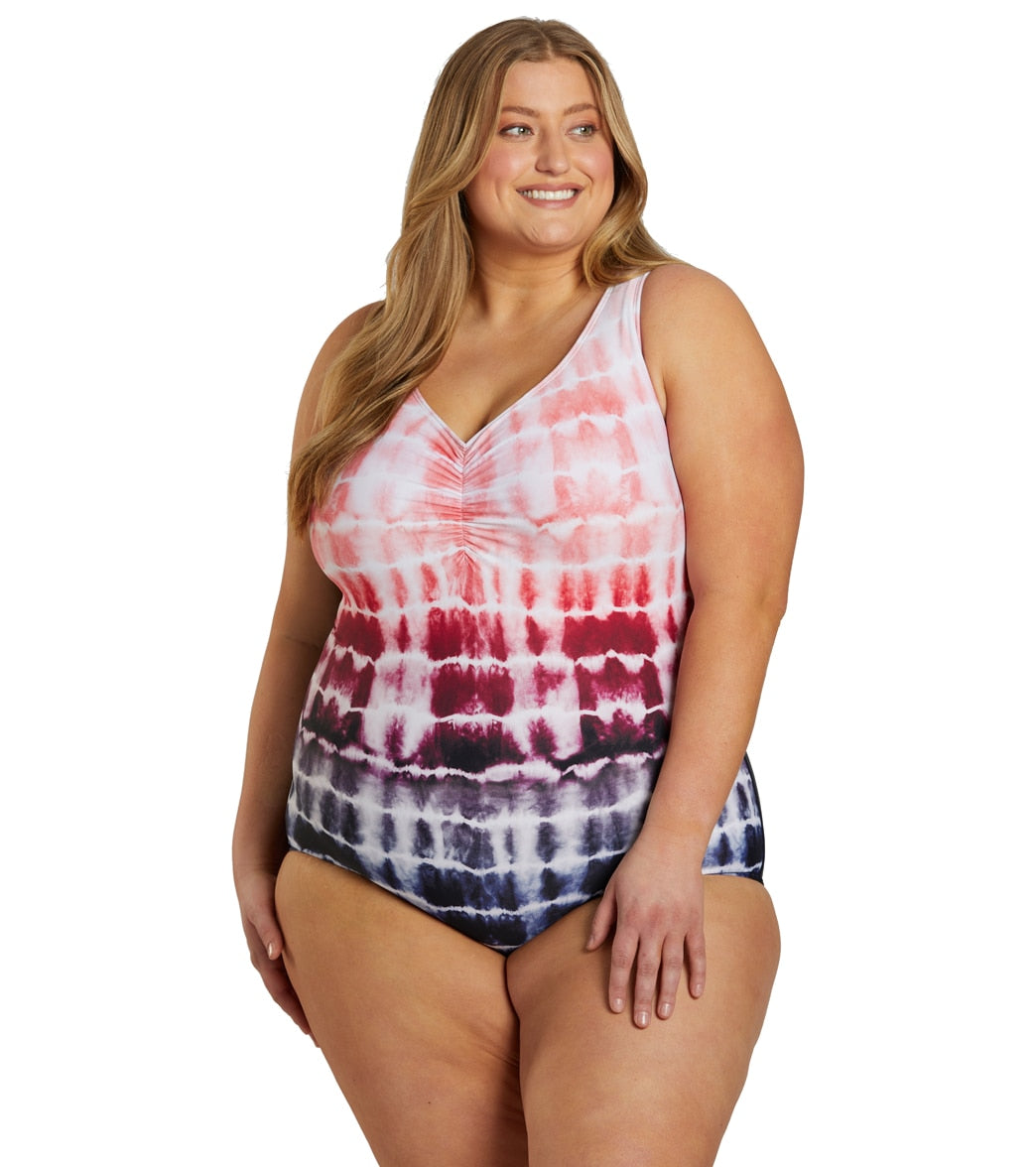 Sporti Plus Size Shibori Conservative Printed Ombre Girl Leg One Piece Swimsuit