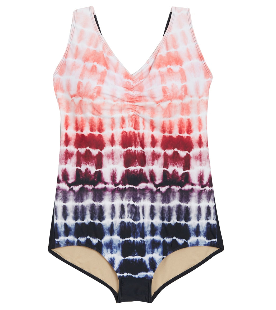 Sporti Plus Size Shibori Conservative Printed Ombre Girl Leg One Piece Swimsuit