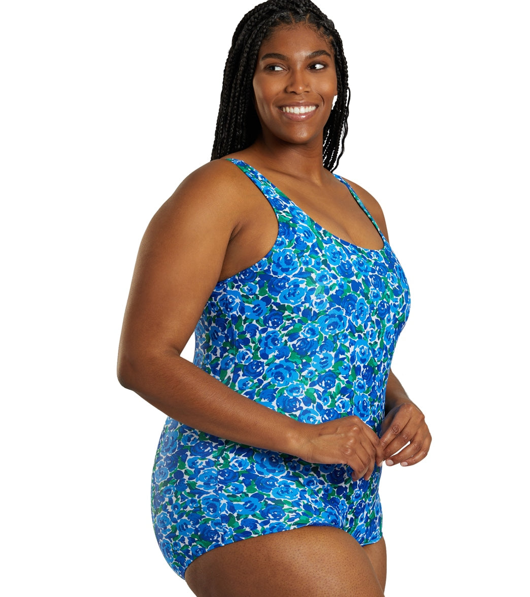 Sporti Plus Size HydroLast Spring Garden Chlorine Resistant Conservative Scoop Back One Piece Swimsuit