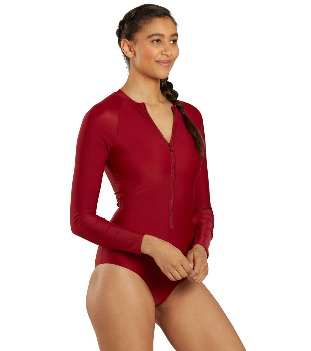 Sporti Active Solid Zip Front Long Sleeve One Piece Swimsuit