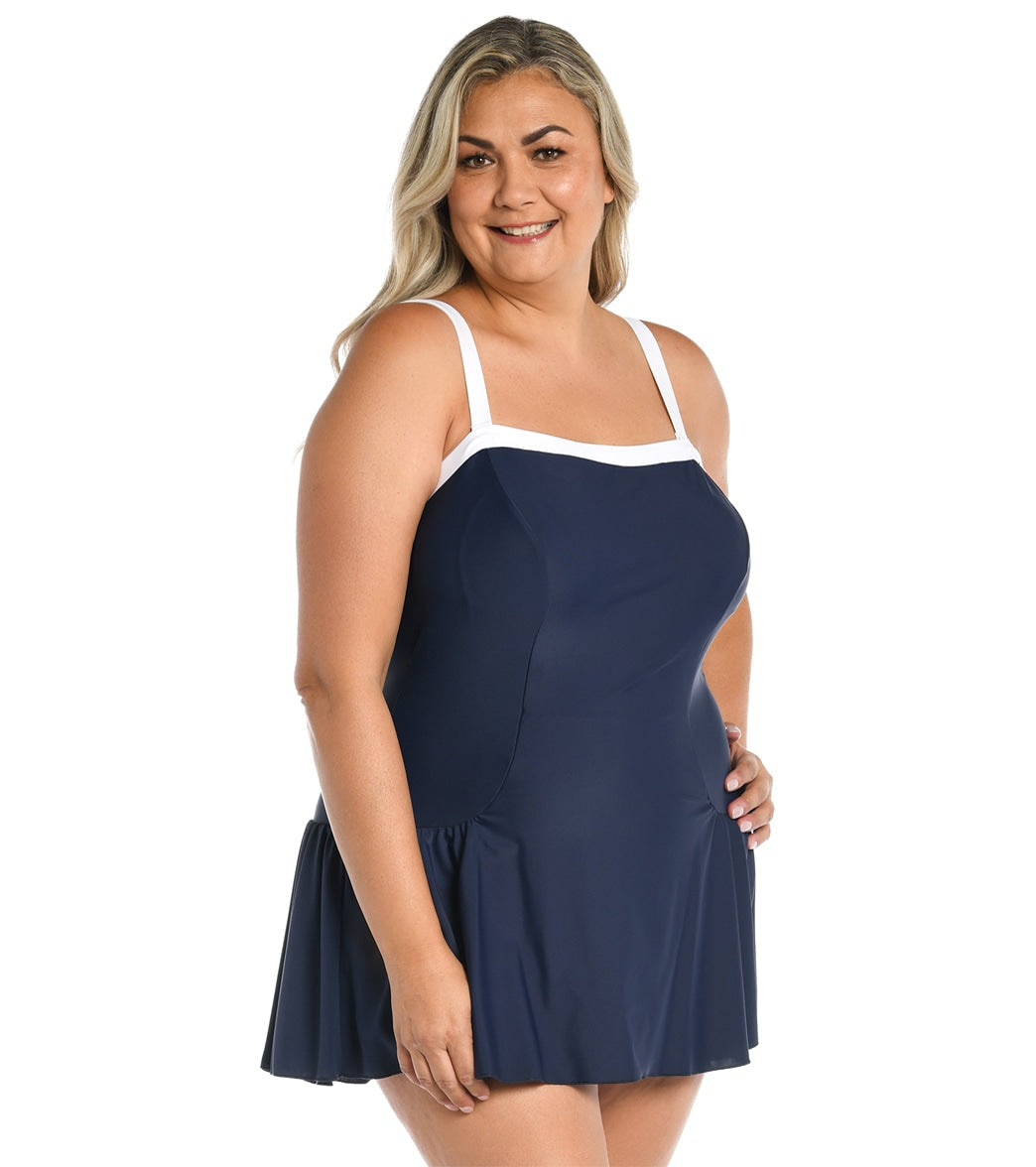 Maxine Women's Plus Size Solid Bandeau Princess Seam Swim Dress