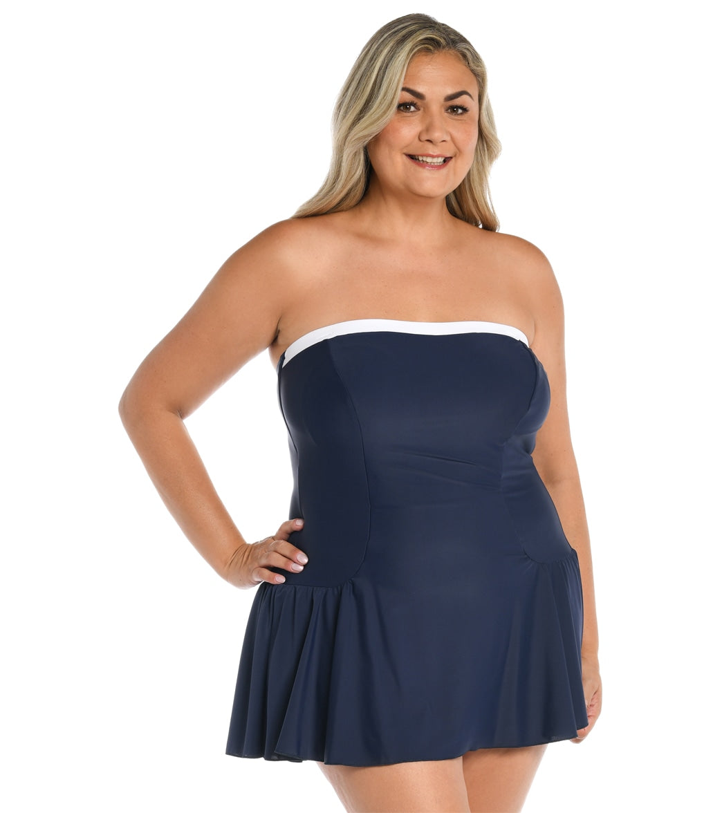 Maxine Women's Plus Size Solid Bandeau Princess Seam Swim Dress