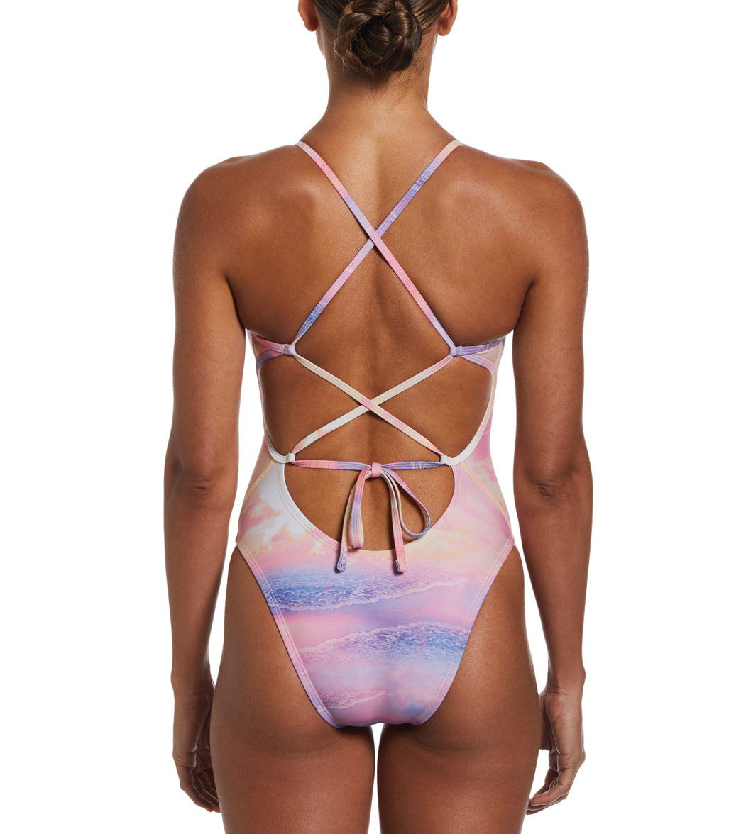 Nike Women's HydraStrong Multi Print Lace Up Tie Back One Piece Swimsuit