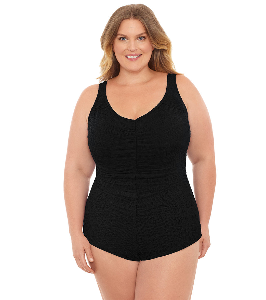 Penbrooke Krinkle Plus Size Chlorine Resistant Girl Leg One Piece Swimsuit