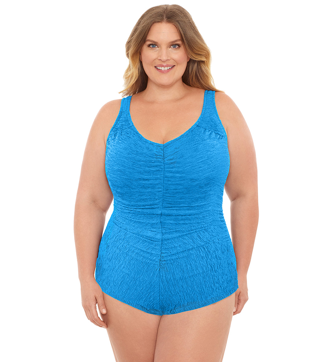 Penbrooke Krinkle Plus Size Chlorine Resistant Girl Leg One Piece Swimsuit