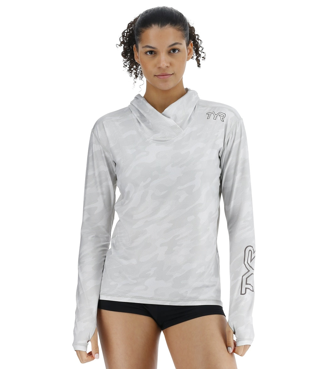 TYR Women's Camohex SunDefense Long Sleeve Hooded UPF 50+ Swim Shirt