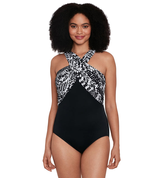 Longitude Women's Flutter Crossover Draped Tank Long Torso One Piece Swimsuit