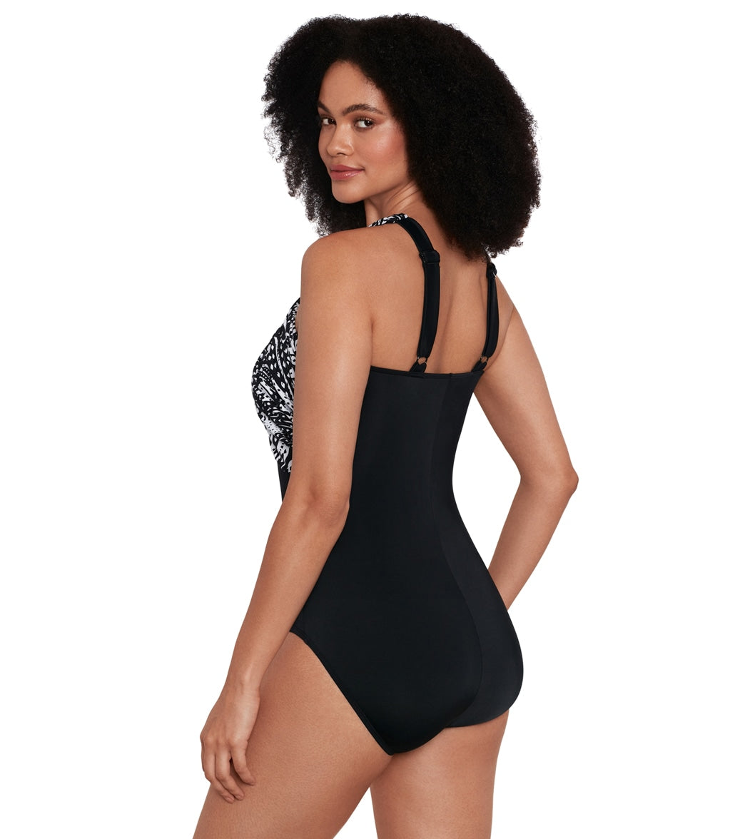 Longitude Women's Flutter Crossover Draped Tank Long Torso One Piece Swimsuit