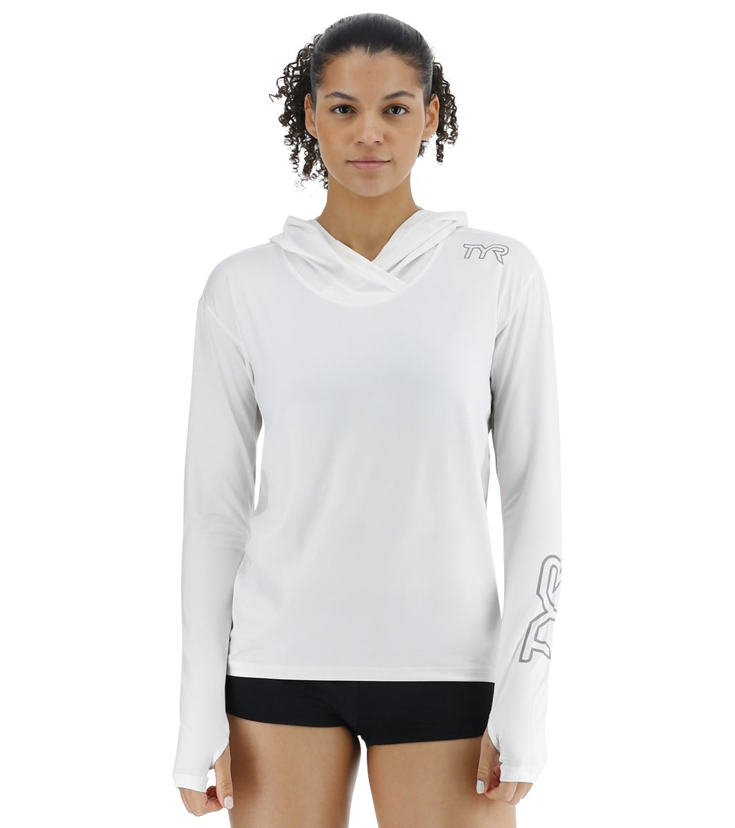 TYR Women's SunDefense Long Sleeve Hooded UPF 50+ Swim Shirt